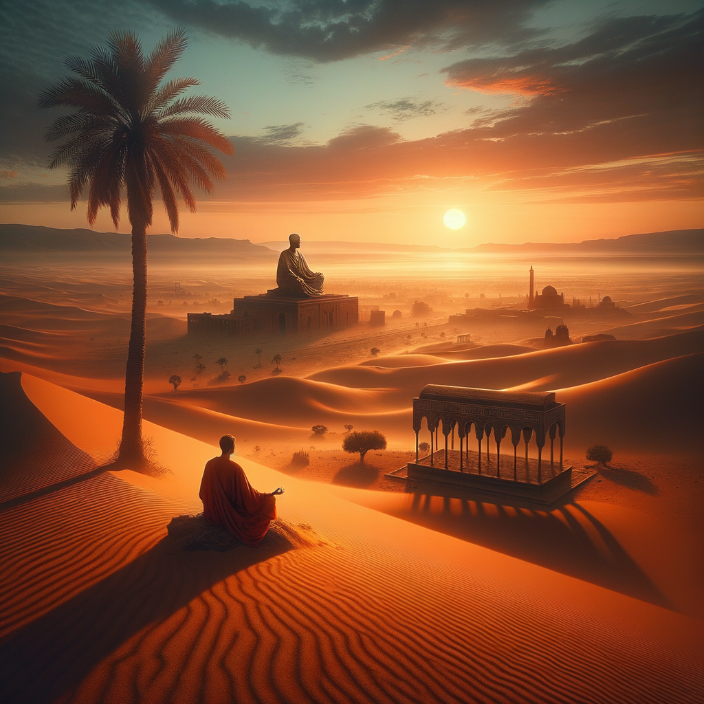 A meditative figure on a sand dune during a serene desert sunset, embodying Stoicism and Islamic culture in a 1960s epic film style.