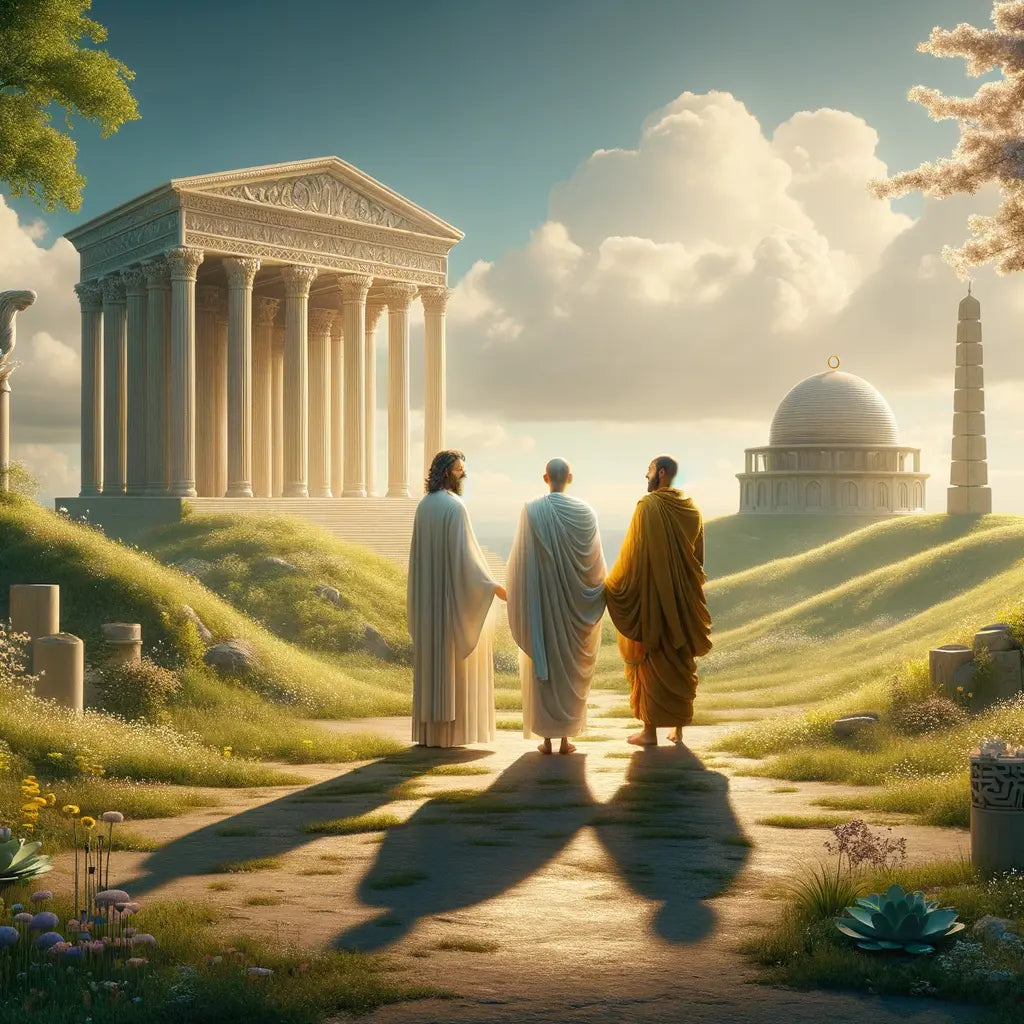 Depiction of figures representing Islam, Stoicism, and Buddhism on a hill, surrounded by greenery and architectural symbols of their beliefs, under a warm glow.
