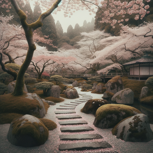 Ein ruhiger japanischer Gartenweg mit blühenden Kirschbäumen, der Boden mit rosa Blütenblättern bedeckt — minimalistisch, friedlich, traditionell.