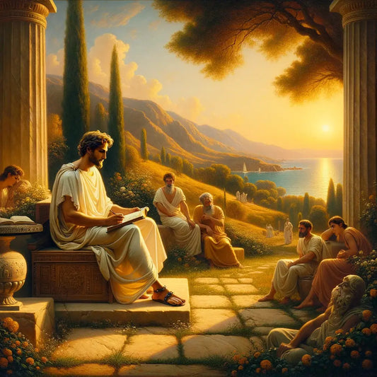 An ancient stoic philosopher in deep contemplation, surrounded by a serene natural landscape, reflecting balance and emotional depth in a style reminiscent of 1960s historical epic films.