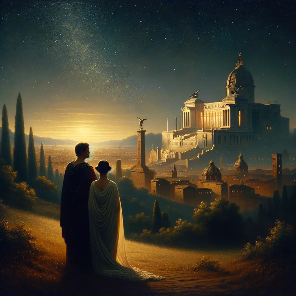 A Roman couple on a hillside, gazing at a starlit sky, symbolizing Stoic love, depicted in the style of 1960s historical epic films.