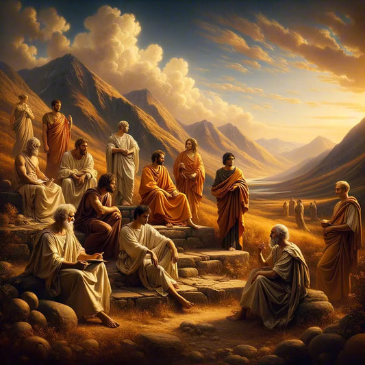Serene mountain landscape with toga-clad philosophers discussing stoicism, under a clear sky, inspired by 1960s epic films.