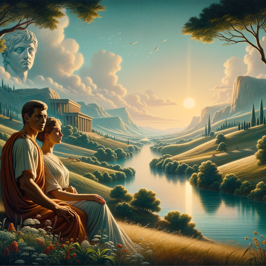 Roman philosopher and woman in serene countryside, symbolizing Stoic virtue and love without attachment, in a 1960s historical epic style.