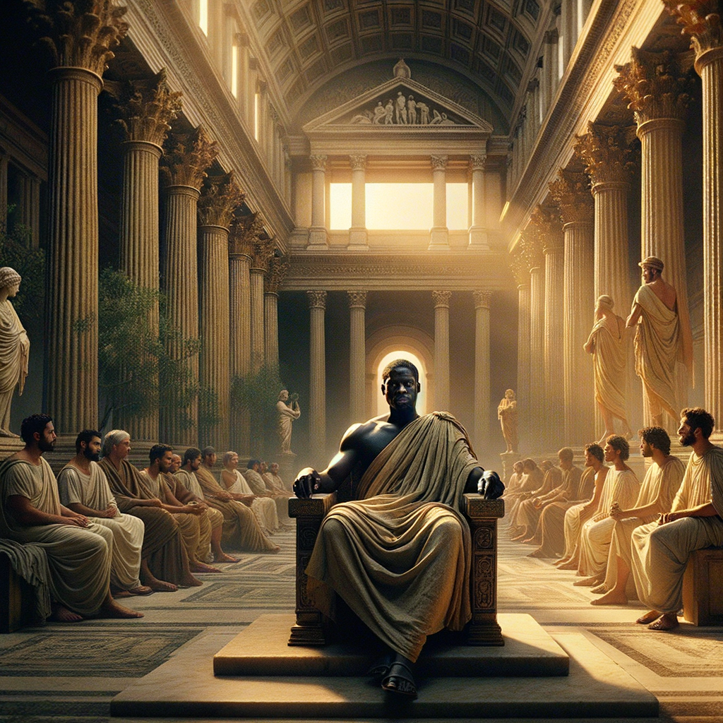 A serene Roman philosopher in a toga sits in a forum, surrounded by architecture, symbolizing Stoic beliefs in a divine orderly universe, in the style of 1960s film epics.