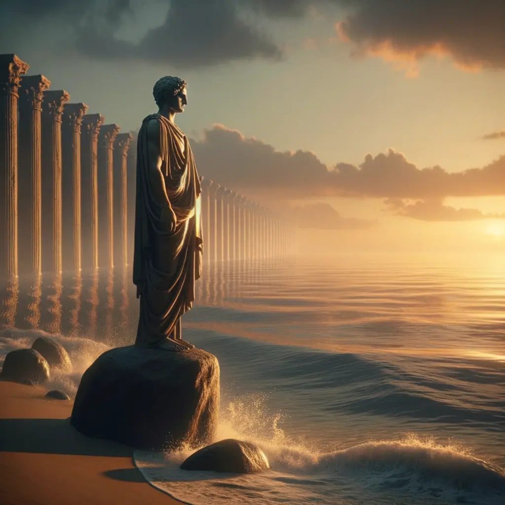 A Roman philosopher in a toga stands by the ocean, embodying harmony and rational force, painted in a 1960s historical epic style.