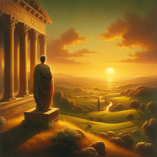 Roman landscape at sunset, with a philosopher in a toga, embodying Stoic harmony between nature and rationality, inspired by 1960s historical epics.