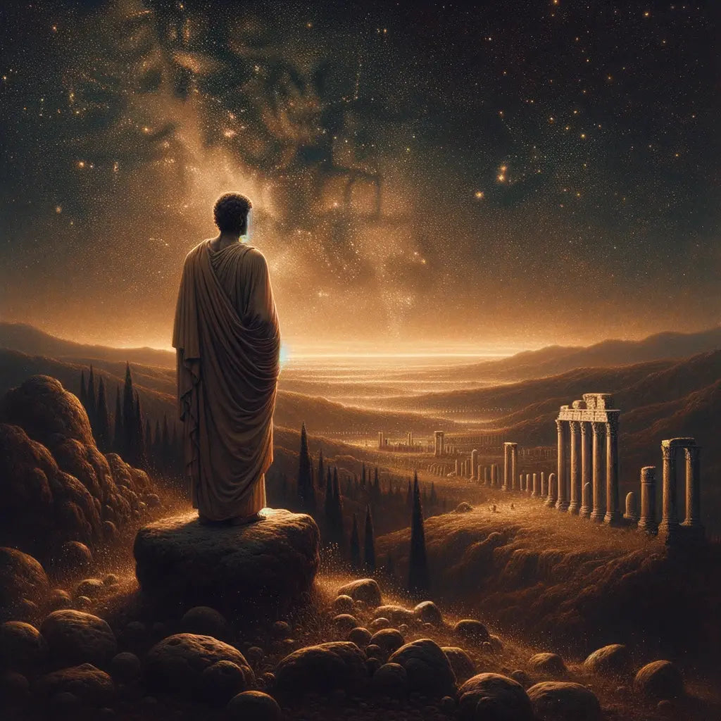 An ancient philosopher in a toga gazes at a star-filled night sky, symbolizing Stoic philosophy's cosmic connection, in a style reminiscent of 1960s historical films.