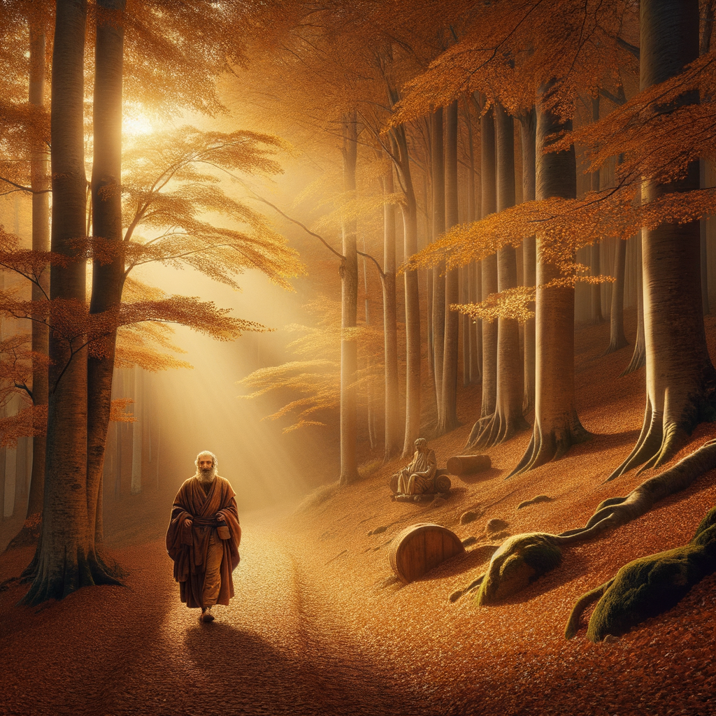 Roman philosopher in a toga walking through an autumn forest, symbolizing Stoic wisdom in a 1960s historical film style.
