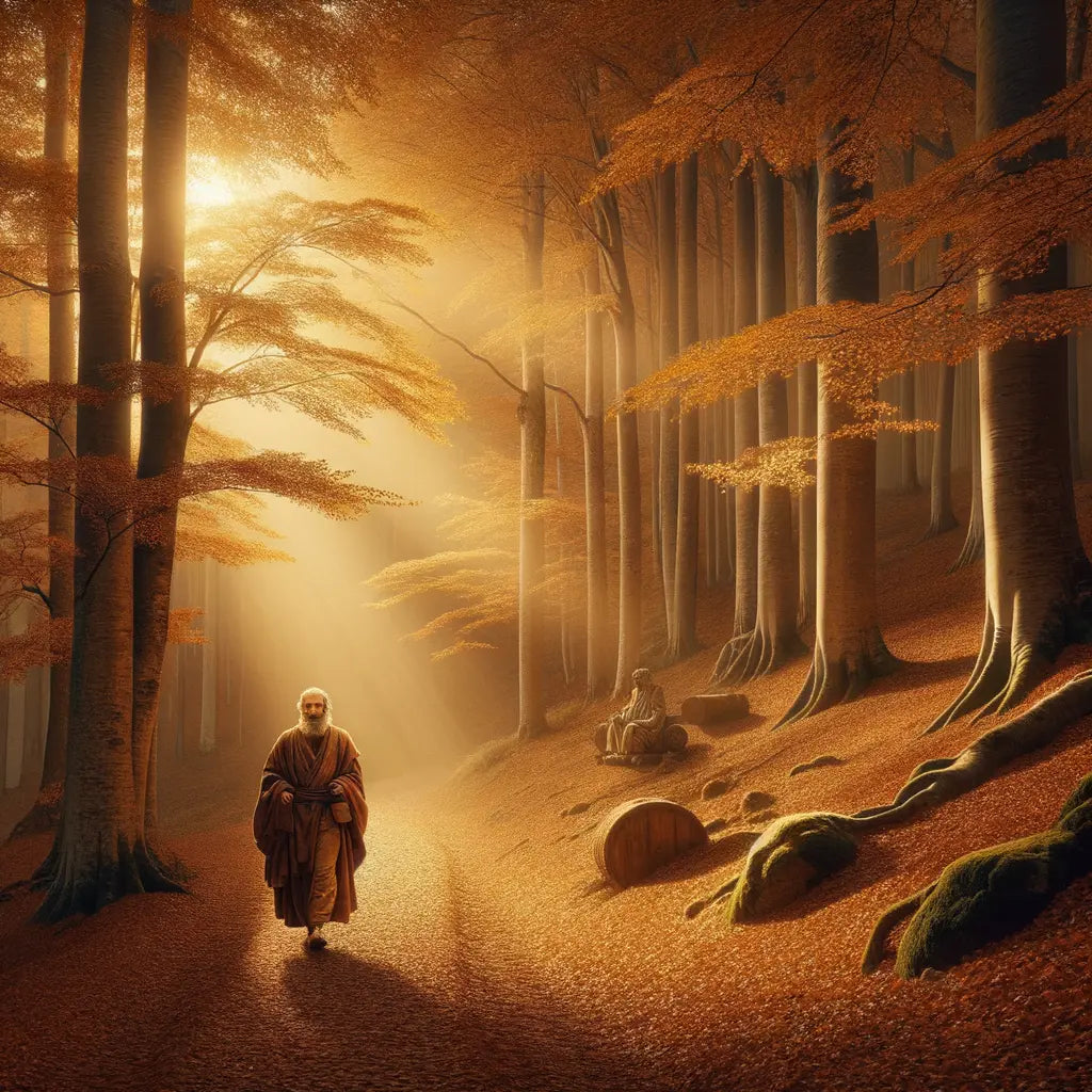 Roman philosopher in a toga walking through an autumn forest, symbolizing Stoic wisdom in a 1960s historical film style.