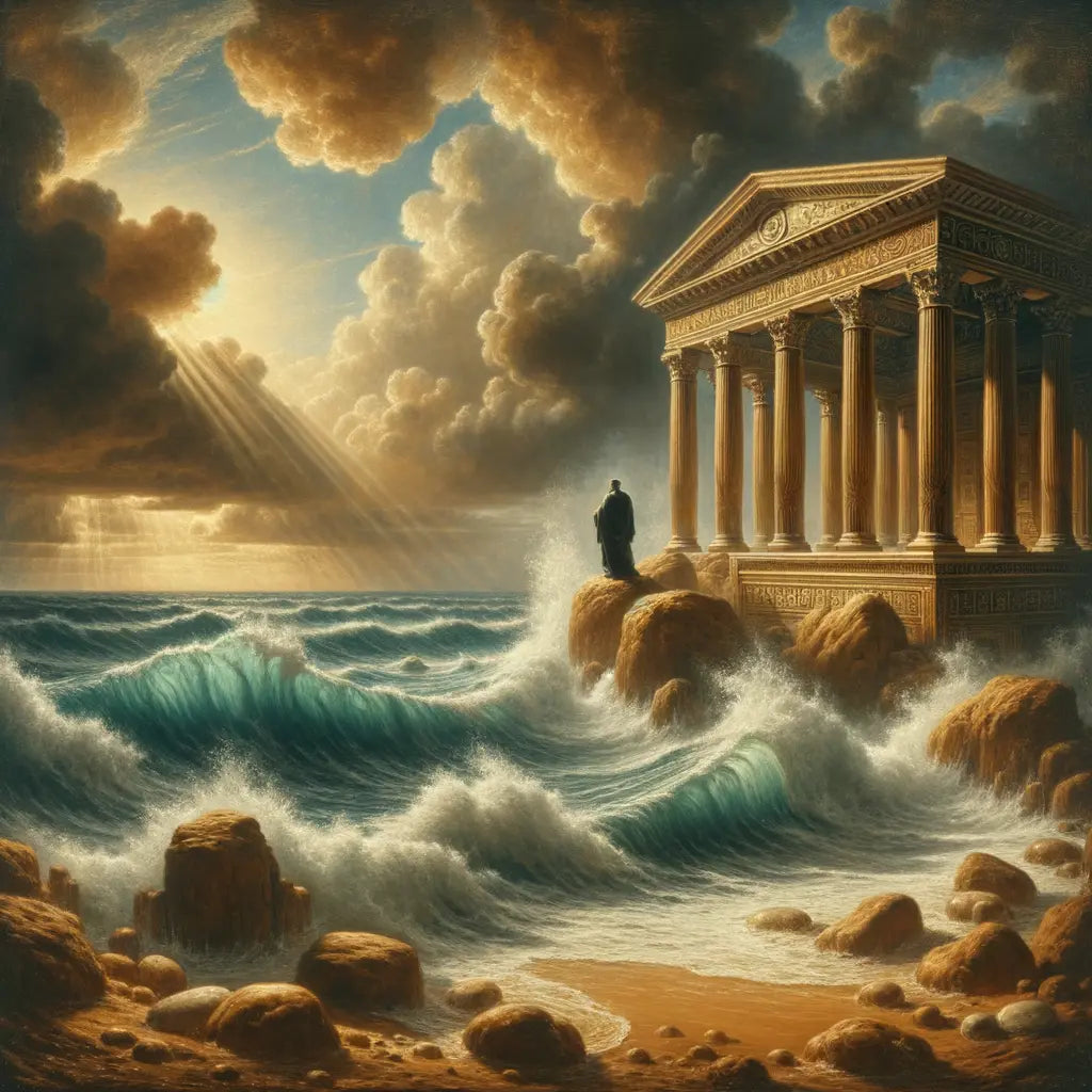 Serene island with Roman architecture amidst a tumultuous sea, embodying Stoic calm, inspired by 1960s historical epic films.