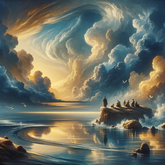 Cinematic painting of a calm sea meeting a stormy sky, embodying the theme of balance between emotional stoicism and sensitivity.