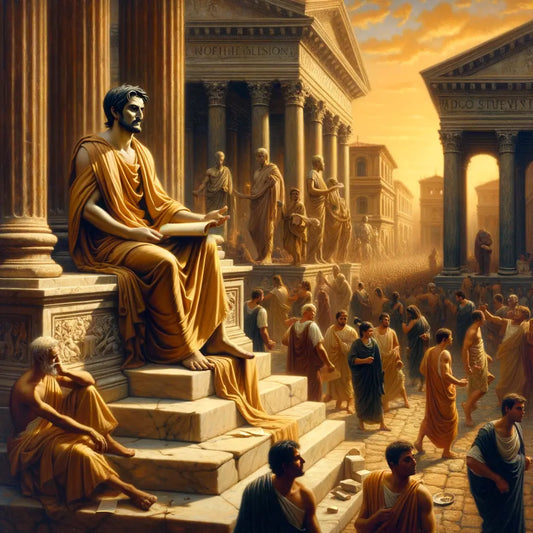 Stoic philosopher in Roman forum amidst chaos, embodying calm, in a style inspired by 1960s historical epic films.