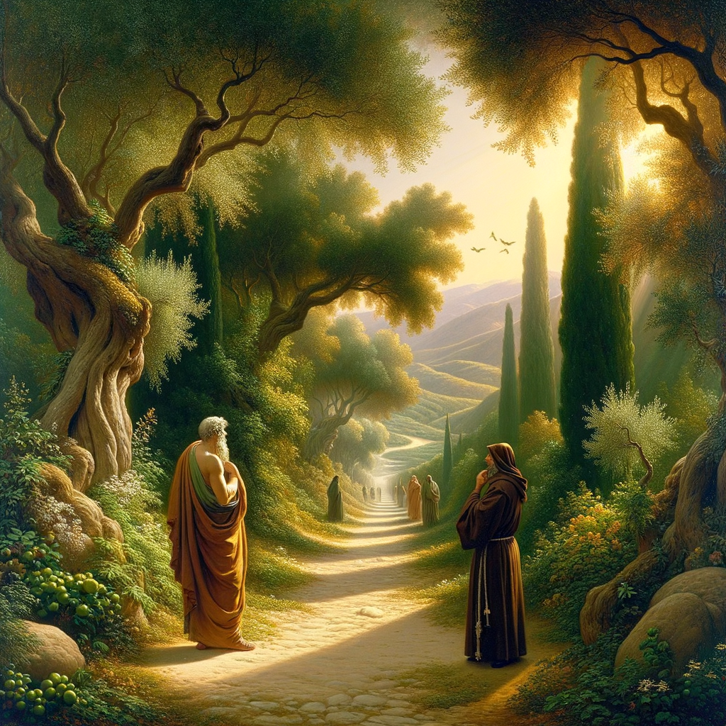 A serene path through nature, combining elements of Stoicism and Catholicism with figures symbolizing philosophical and spiritual harmony, reminiscent of 1960s historical epic films.