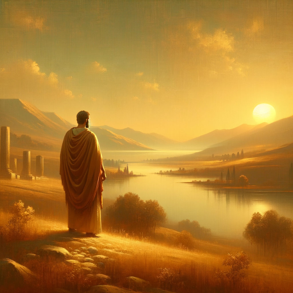 Roman philosopher in toga at dawn, reflecting in nature, symbolizing harmony between Stoicism and theism, styled like a 1960s historical film.
