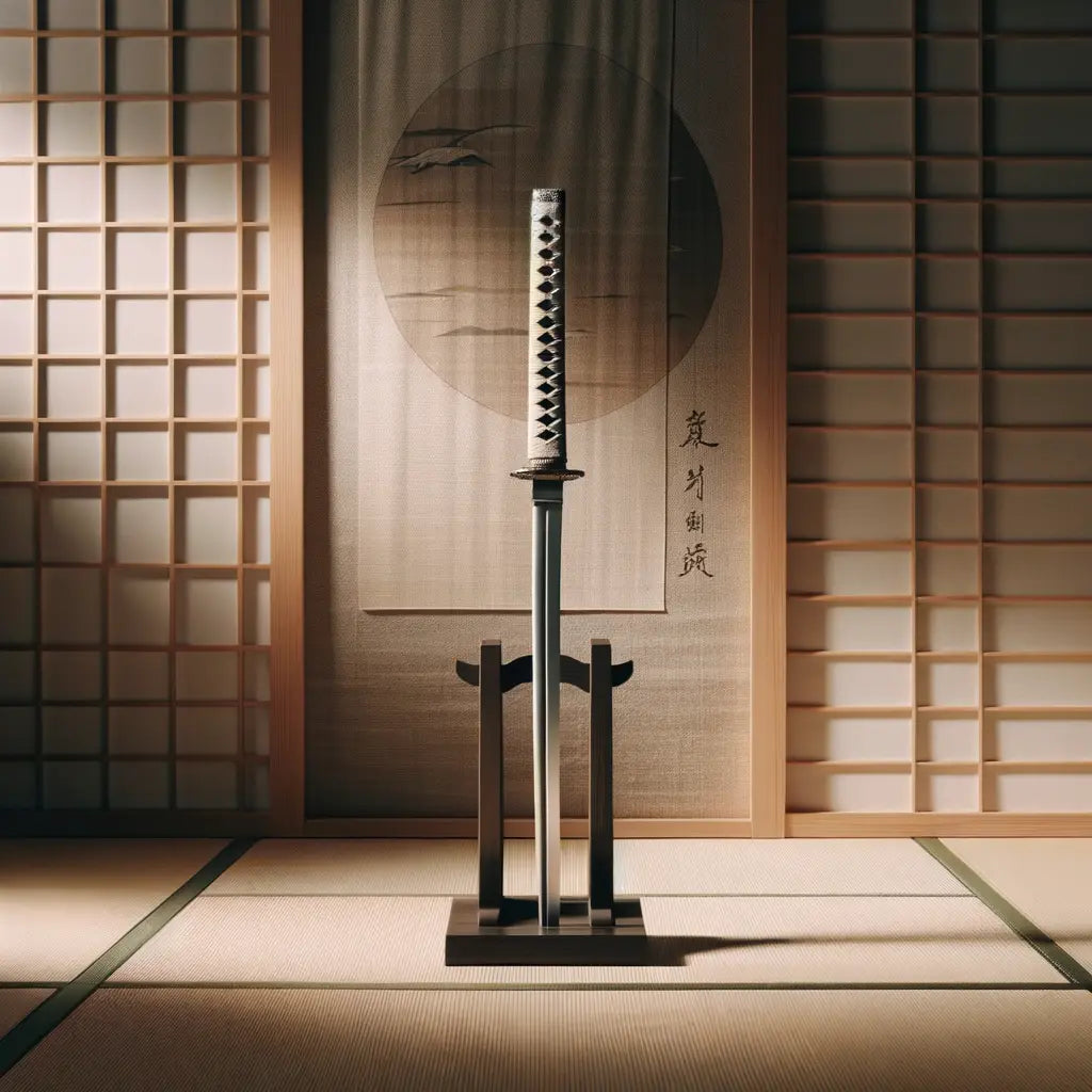 Eine kunstvoll gestaltete traditionelle Katana in einem minimalistischen japanischen Innenraum, betont mit einem Hauch von Geschichte.