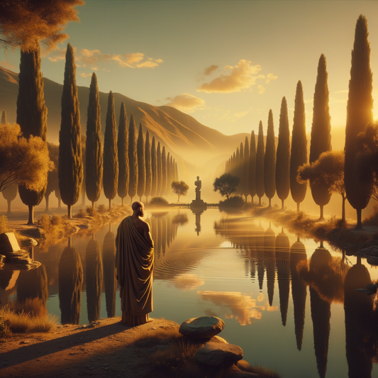 Roman philosopher in toga standing pensively by a calm reflective pool, with a serene landscape of cypress trees and mountains, in a style evocative of 1960s historical epic films.