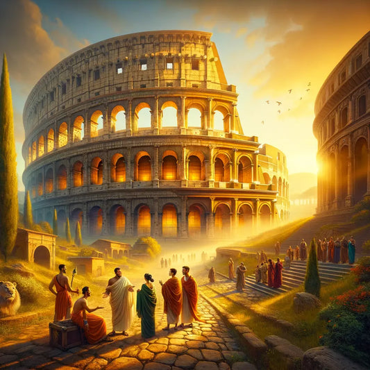 Sunrise at the ancient Roman Colosseum, visitors in togas queue at entrances, inspired by classic 1960s historical films.