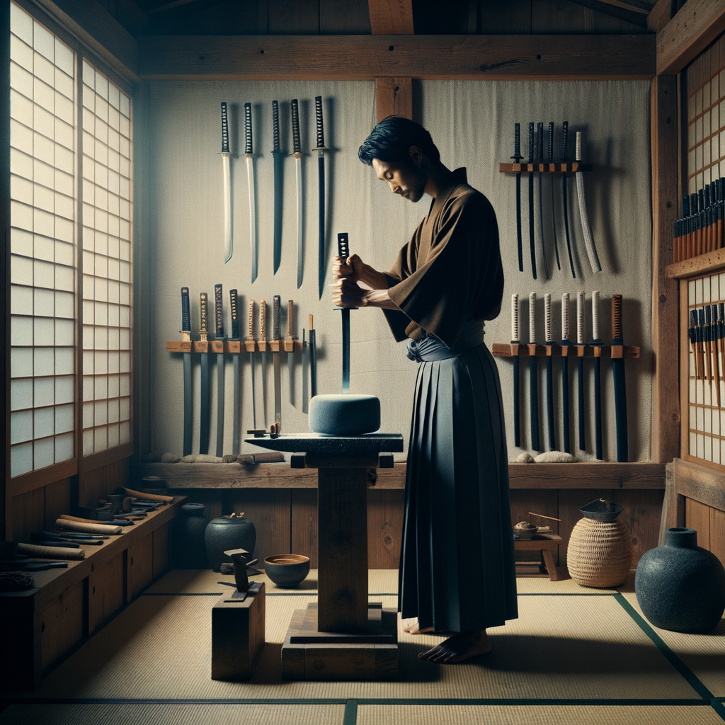 Ein minimalistisches Bild eines traditionellen japanischen Schwertschmieds in einer schwach beleuchteten Werkstatt, umgeben von Werkzeugen – harmonisch und kulturell inspiriert.