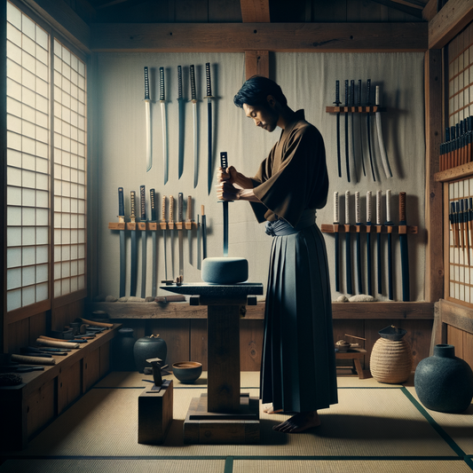 Ein minimalistisches Bild eines traditionellen japanischen Schwertschmieds in einer schwach beleuchteten Werkstatt, umgeben von Werkzeugen – harmonisch und kulturell inspiriert.