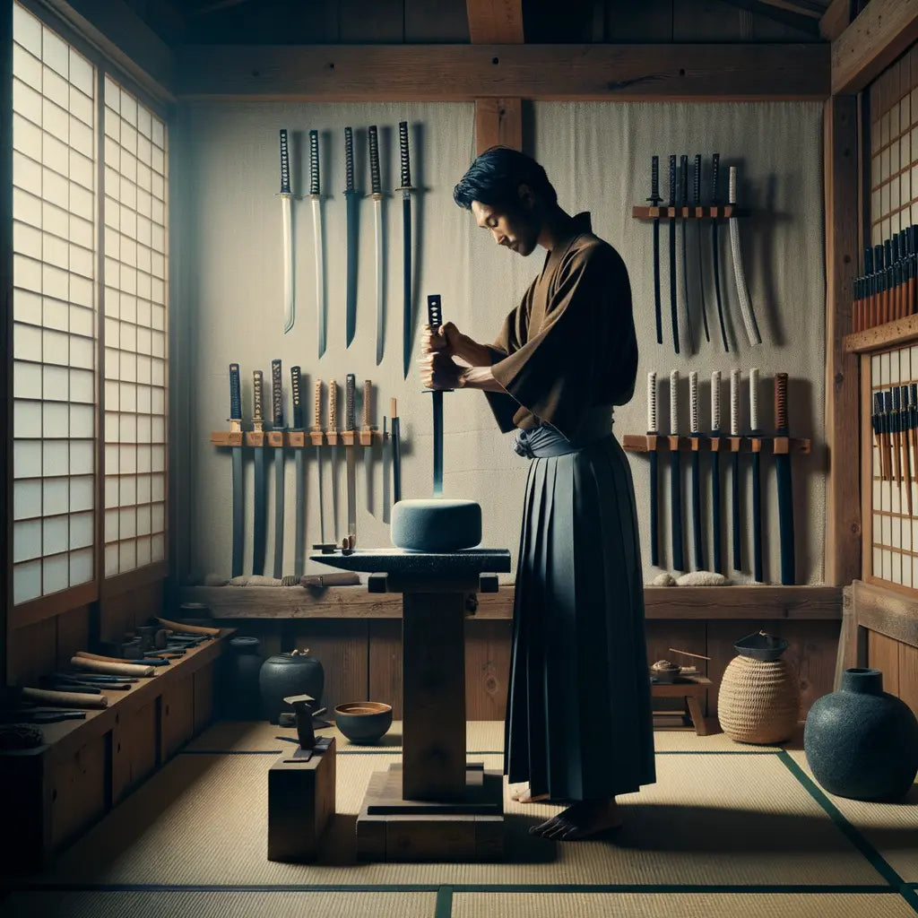 Ein minimalistisches Bild eines traditionellen japanischen Schwertschmieds in einer schwach beleuchteten Werkstatt, umgeben von Werkzeugen – harmonisch und kulturell inspiriert.