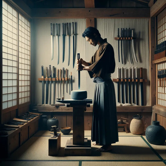 Ein minimalistisches Bild eines traditionellen japanischen Schwertschmieds in einer schwach beleuchteten Werkstatt, umgeben von Werkzeugen – harmonisch und kulturell inspiriert.