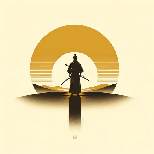 Samurai-Silhouette hält Katana in goldenen Sonnenaufgang gehüllt, minimalistisch und ruhig.
