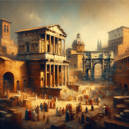 Visitors in togas explore the ancient two-level structure of Mamertine Prison amid the Roman Forum, inspired by 1960s historical film style.
