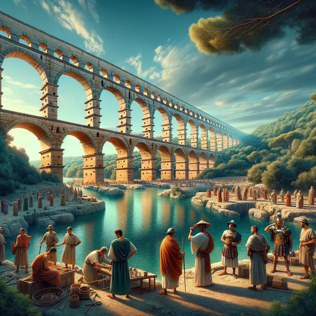 Pont du Gard aqueduct with majestic arches spanning a serene river, surrounded by greenery and clear blue sky, in a style reminiscent of 1960s historical films.