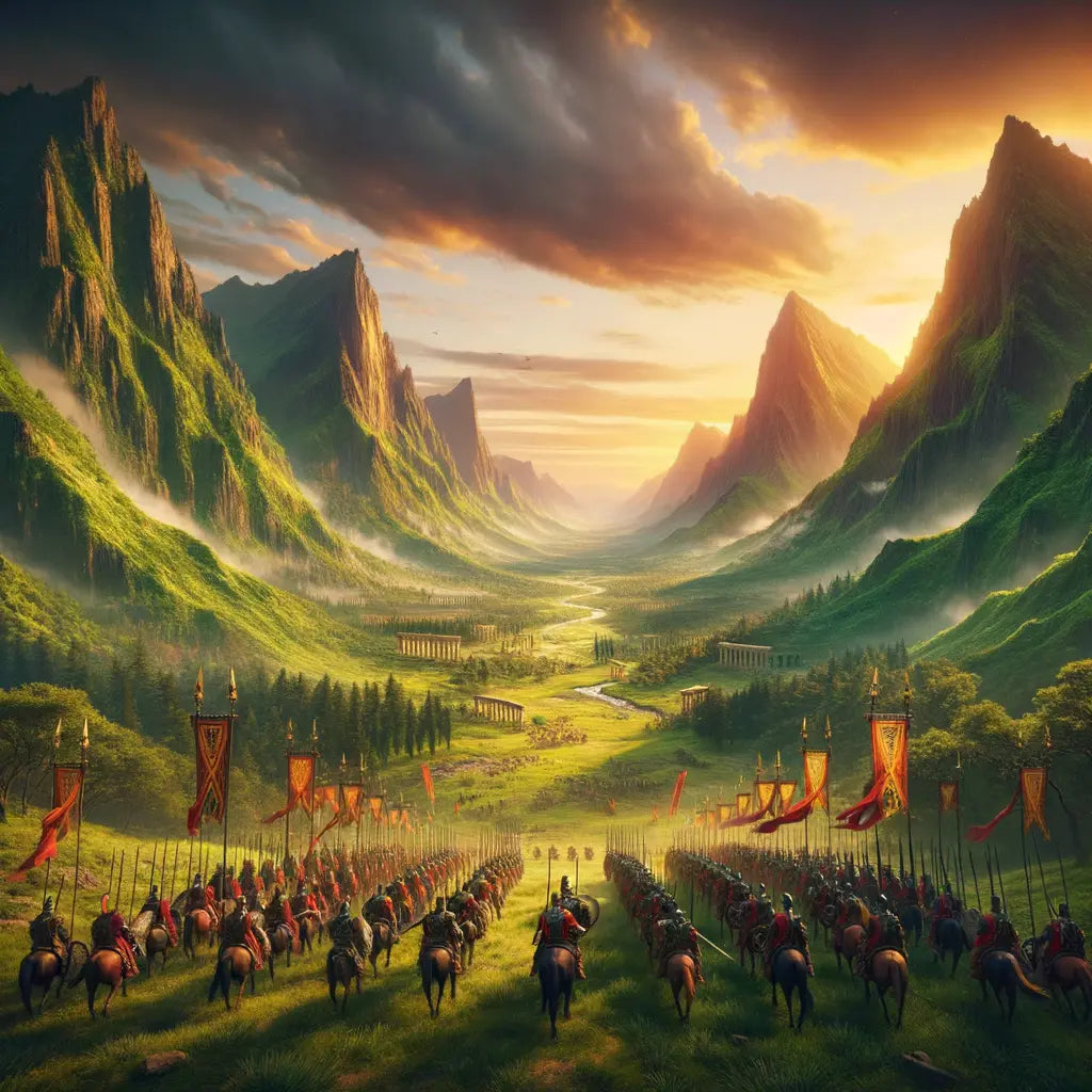 Roman legionnaires marching through a picturesque valley during sunset.