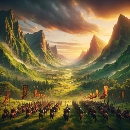 Roman legionnaires marching through a picturesque valley during sunset.