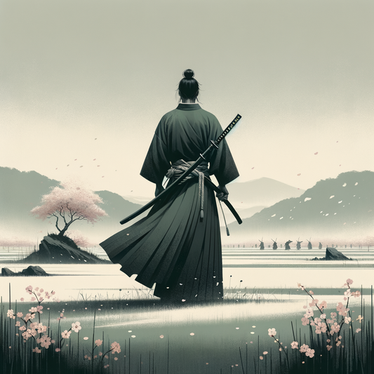 Ein einsamer Samurai-Krieger in traditioneller Kleidung, der mit einem Katana in einer friedlichen Landschaft steht, minimalistisch und anmutig dargestellt.