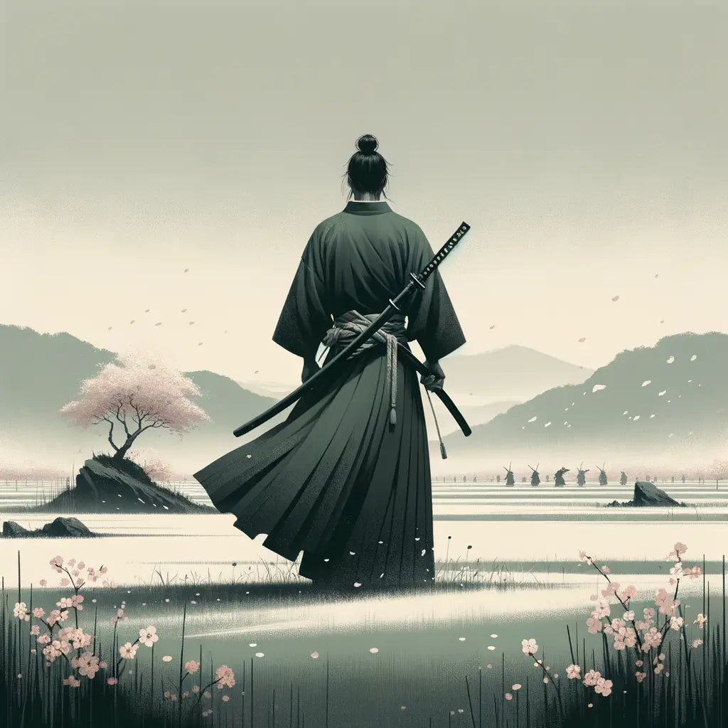 Ein einsamer Samurai-Krieger in traditioneller Kleidung, der mit einem Katana in einer friedlichen Landschaft steht, minimalistisch und anmutig dargestellt.