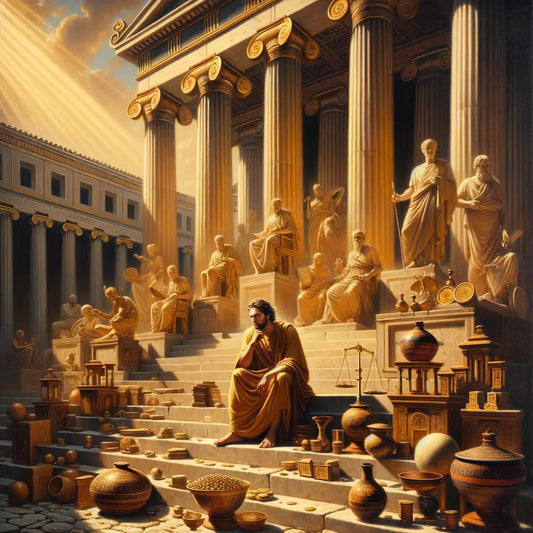 A serene philosopher in ancient Greece contemplating wealth and virtue, with symbols of abundance and integrity, styled like a classic 1960s epic film.