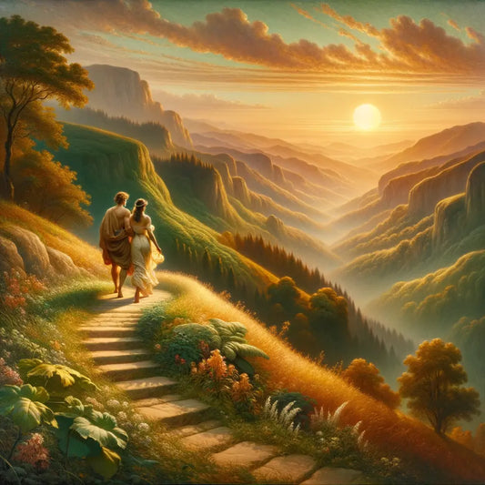 A couple in Roman-style robes walking up a mountain path at sunrise, symbolizing love and growth, inspired by classic 1960s film epics.