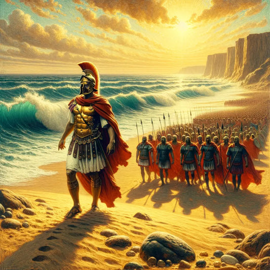 Julius Caesar stands heroically on a sandy beach, analogous to a surfing pose, as Roman soldiers surround him. The scene blends the harmony of nature and leadership, styled like classic 1960s historical films.