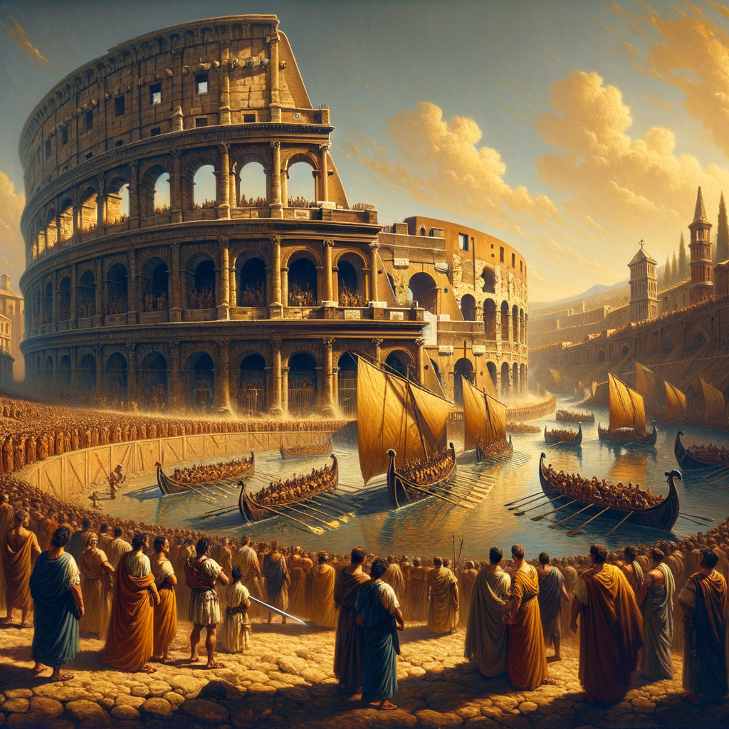 Cinematic painting of the Roman Colosseum filled with water for mythical naval battles, with awed Roman spectators, styled like 1960s historical films.