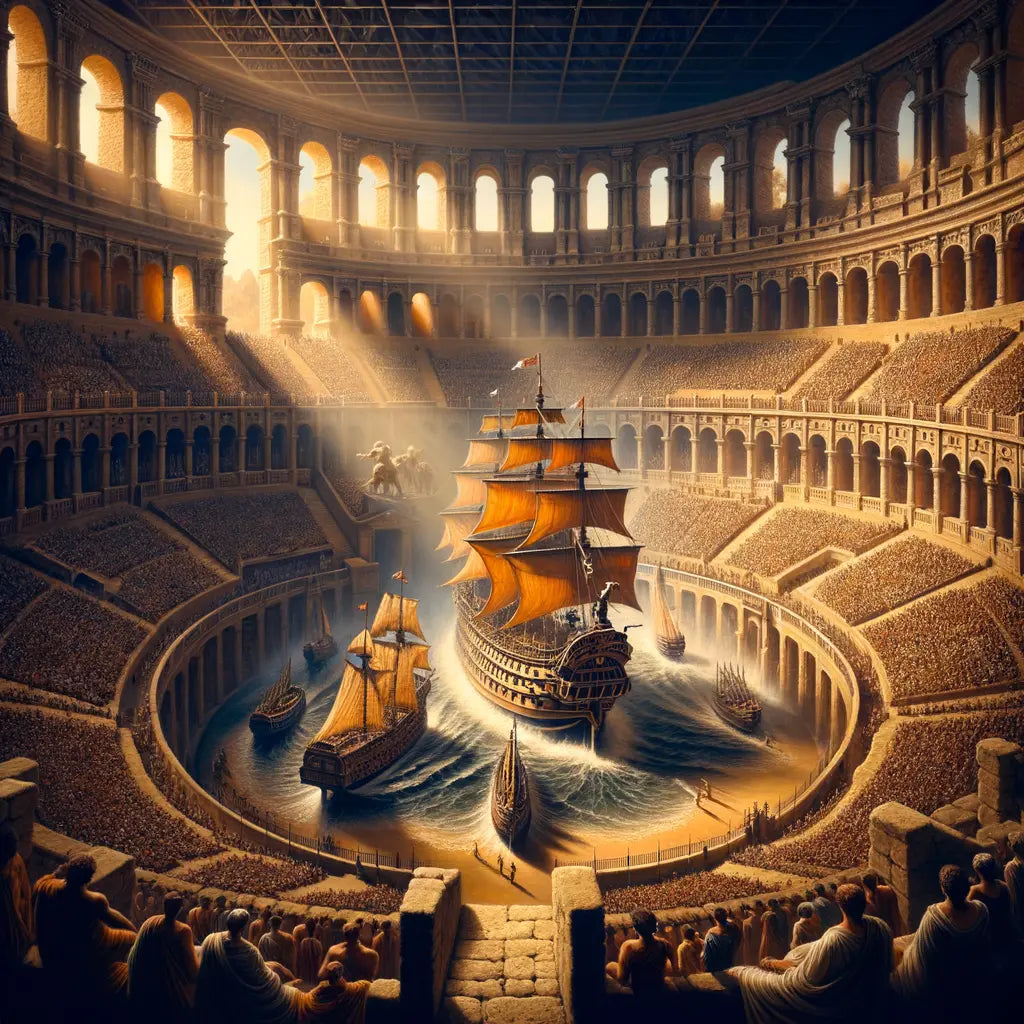 Imagined naval battles inside the Roman Colosseum, with ships and water amidst ancient Roman architecture, in a style reminiscent of 1960s historical epics.