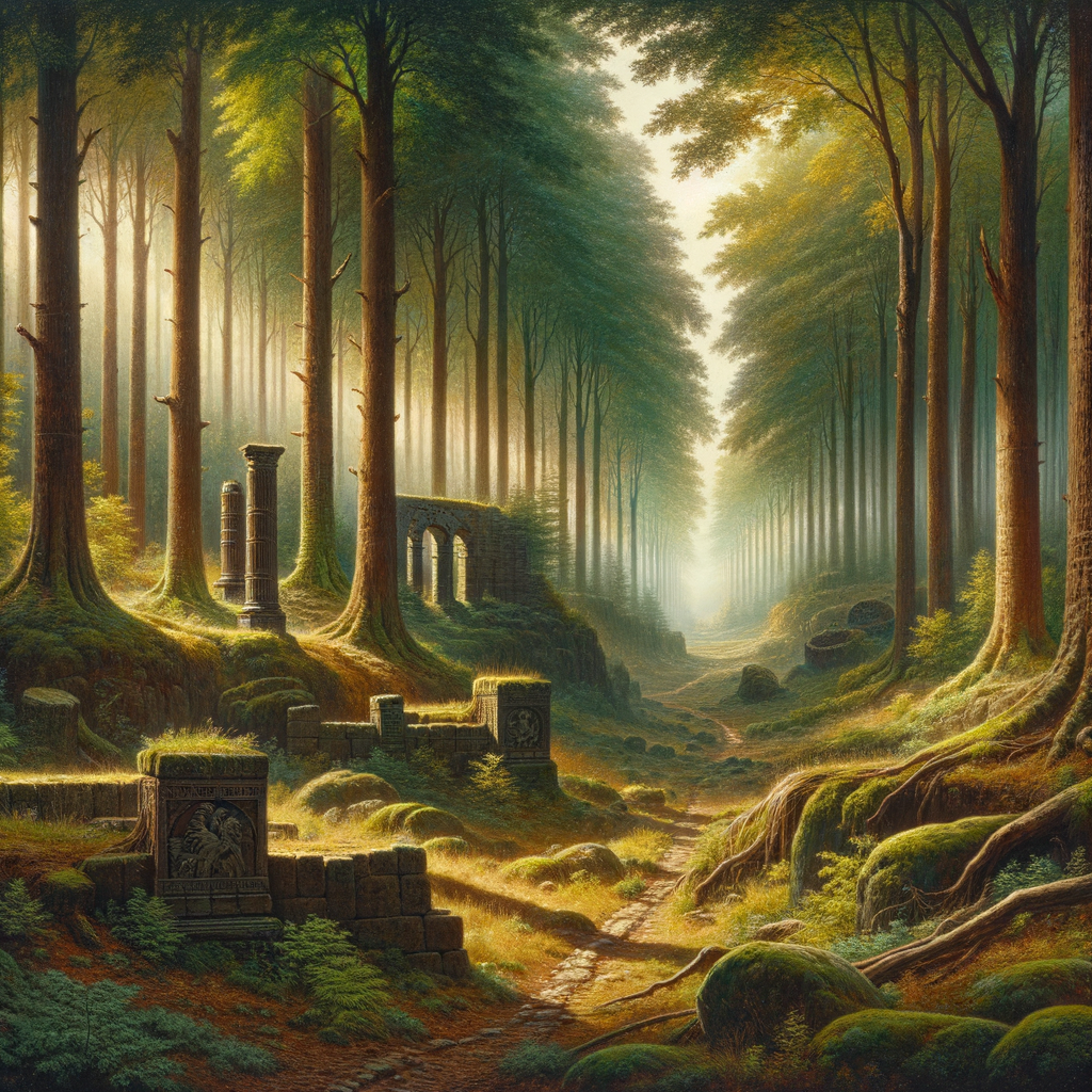 A cinematic view of the Teutoburg Forest with dense trees and a winding trail, featuring subtle ruins, inspired by 1960s historical epic films.