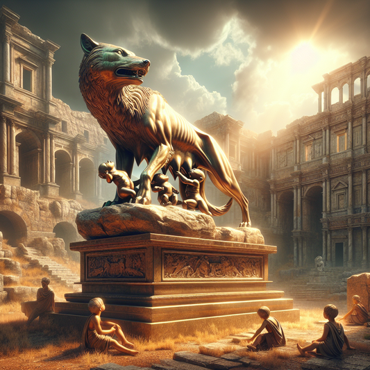 Bronze statue of the Capitoline Wolf suckling Romulus and Remus before the ruins of ancient Pompeii under a bright sky, evoking Roman civilization.