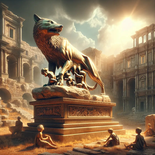 Bronze statue of the Capitoline Wolf suckling Romulus and Remus before the ruins of ancient Pompeii under a bright sky, evoking Roman civilization.