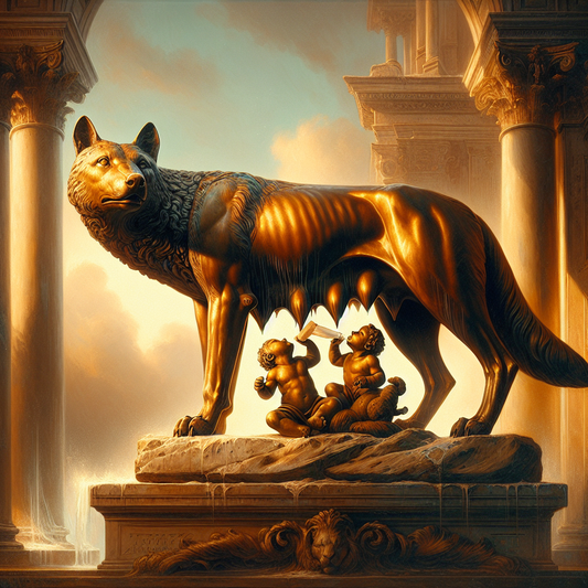 Close-up of the Capitoline Wolf statue with Romulus and Remus beneath, bathed in warm sunlight, showcasing Roman mythology and heritage in a cinematic 1960s painting style.