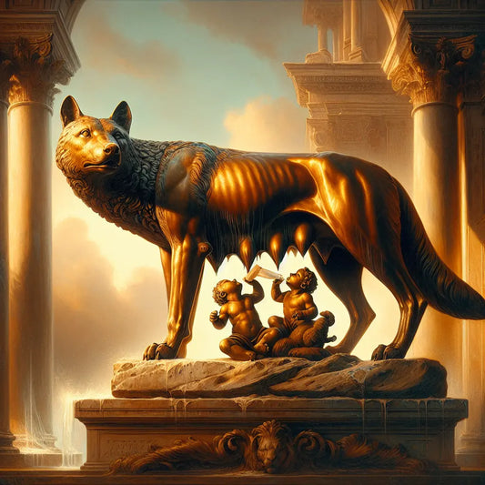 Close-up of the Capitoline Wolf statue with Romulus and Remus beneath, bathed in warm sunlight, showcasing Roman mythology and heritage in a cinematic 1960s painting style.