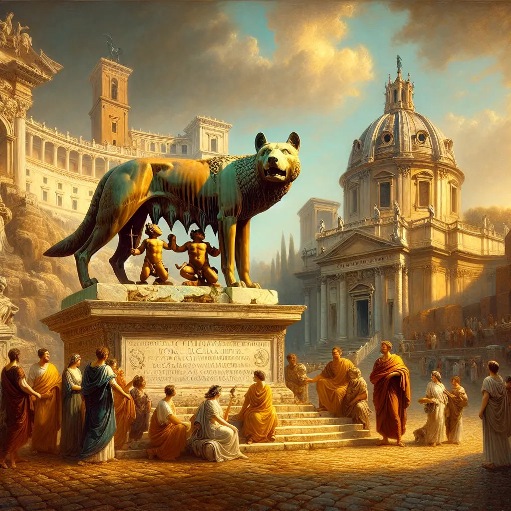 The detailed Capitoline Wolf statue nursing Romulus and Remus, set in a classical Roman square with noblemen and ancient architecture under warm daylight.