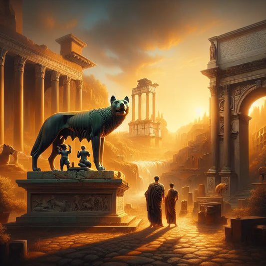 The bronze Capitoline Wolf statue with Romulus and Remus beneath, set against the ruins of the Roman Forum at sunset in a warm golden light, styled as a 1960s historical epic painting.