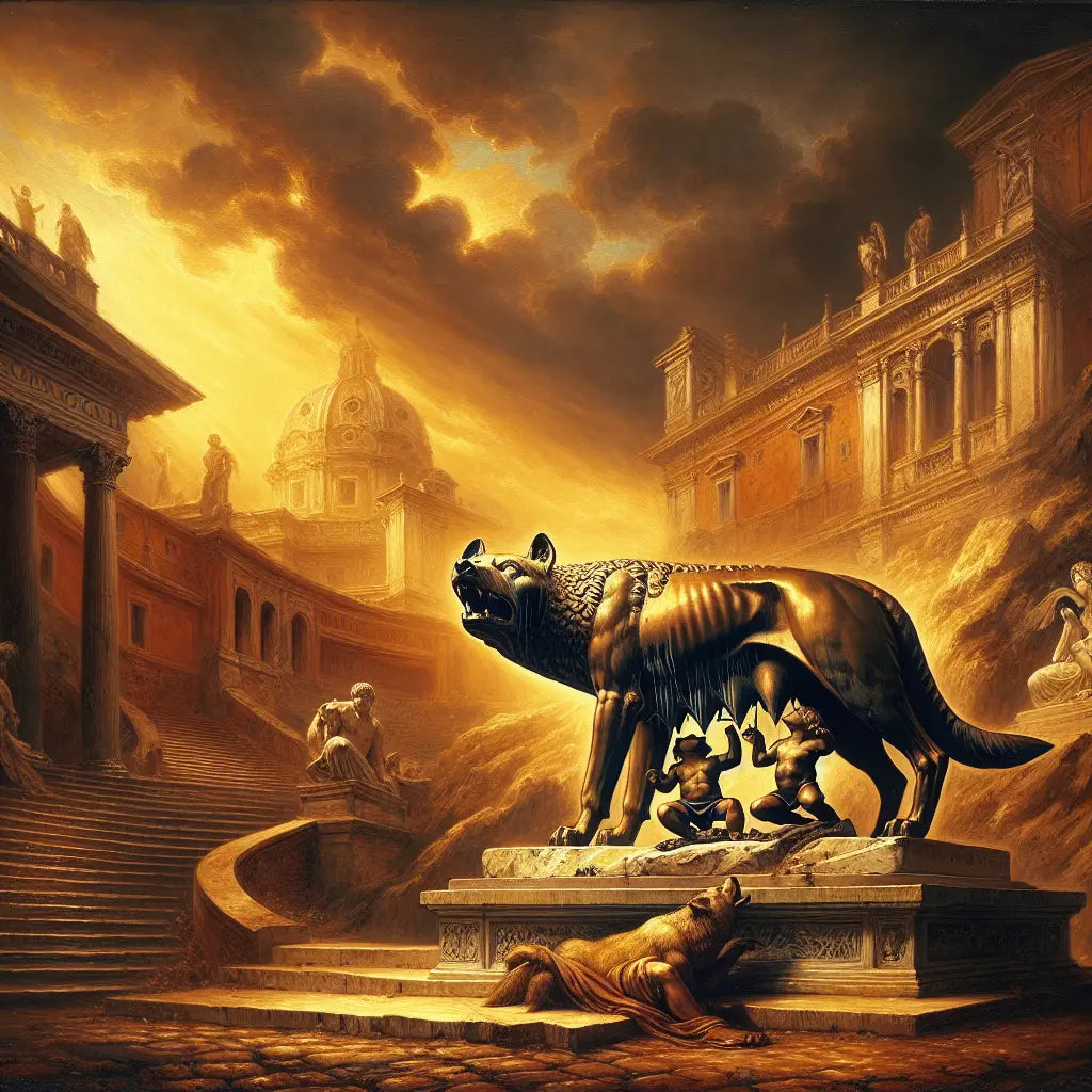 The Capitoline Wolf statue with Romulus and Remus beneath a dramatic sky symbolizing the founding myth of ancient Rome.