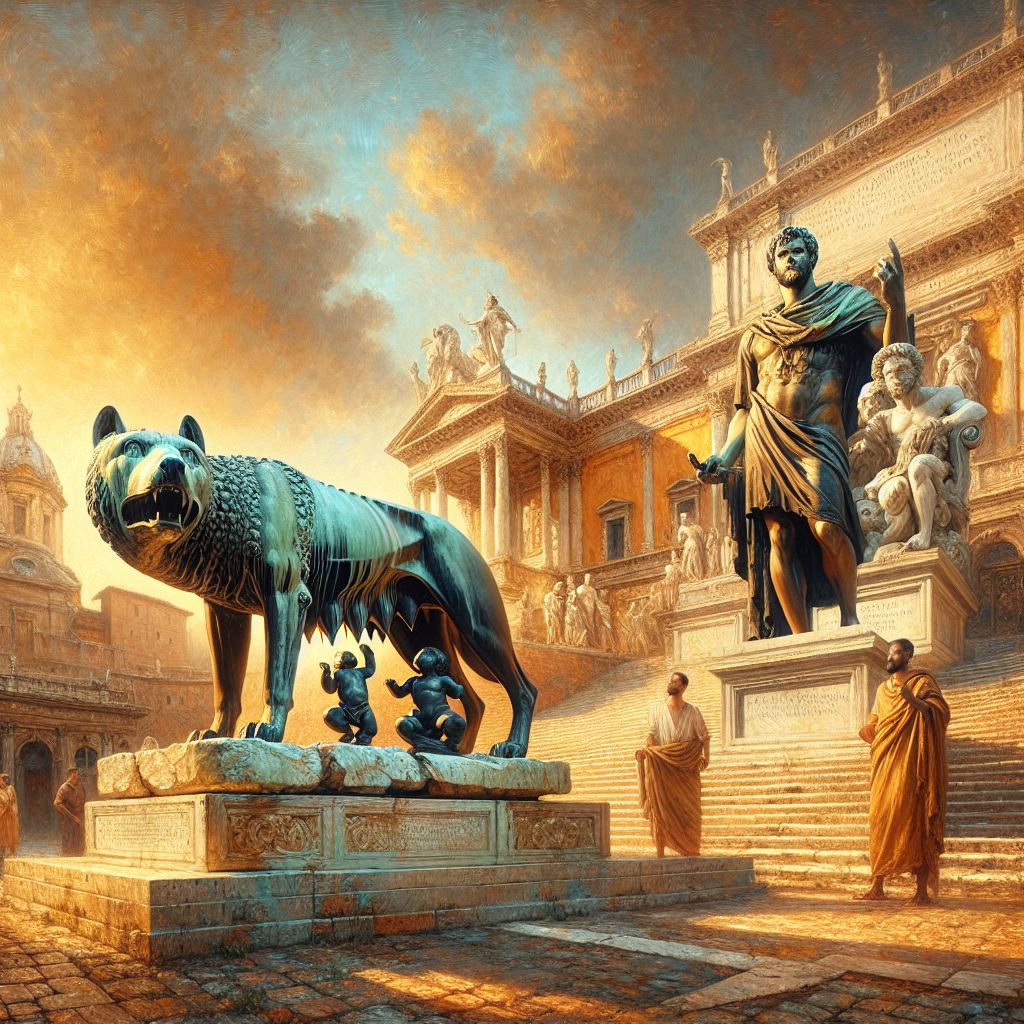 The Capitoline Wolf statue with Romulus and Remus beneath, depicted in a warm, realistic classical Roman style with ancient Roman architecture in the background.