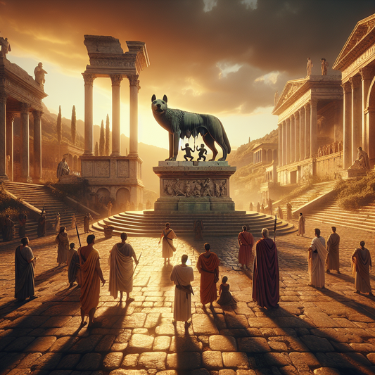 The Capitoline Wolf statue with Romulus and Remus in an ancient Roman forum at sunset, surrounded by Roman citizens and classical architecture, depicted in a 1960s epic film style.