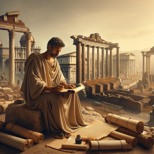 Ancient Roman historian Cassius Dio writing scrolls amidst majestic Roman architectural ruins bathed in golden light, evoking timeless legacy in a cinematic 1960s epic painting style.