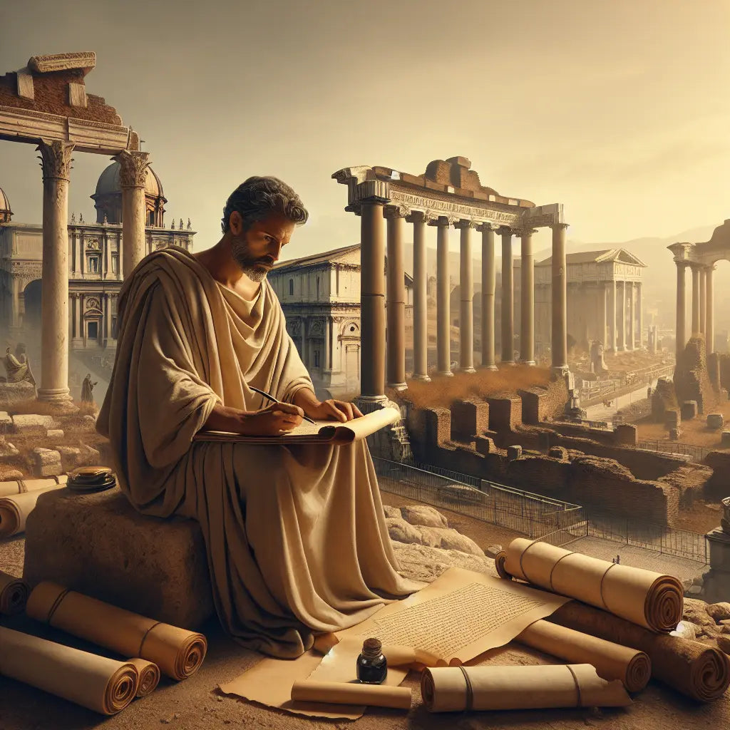 Ancient Roman historian Cassius Dio writing scrolls amidst majestic Roman architectural ruins bathed in golden light, evoking timeless legacy in a cinematic 1960s epic painting style.