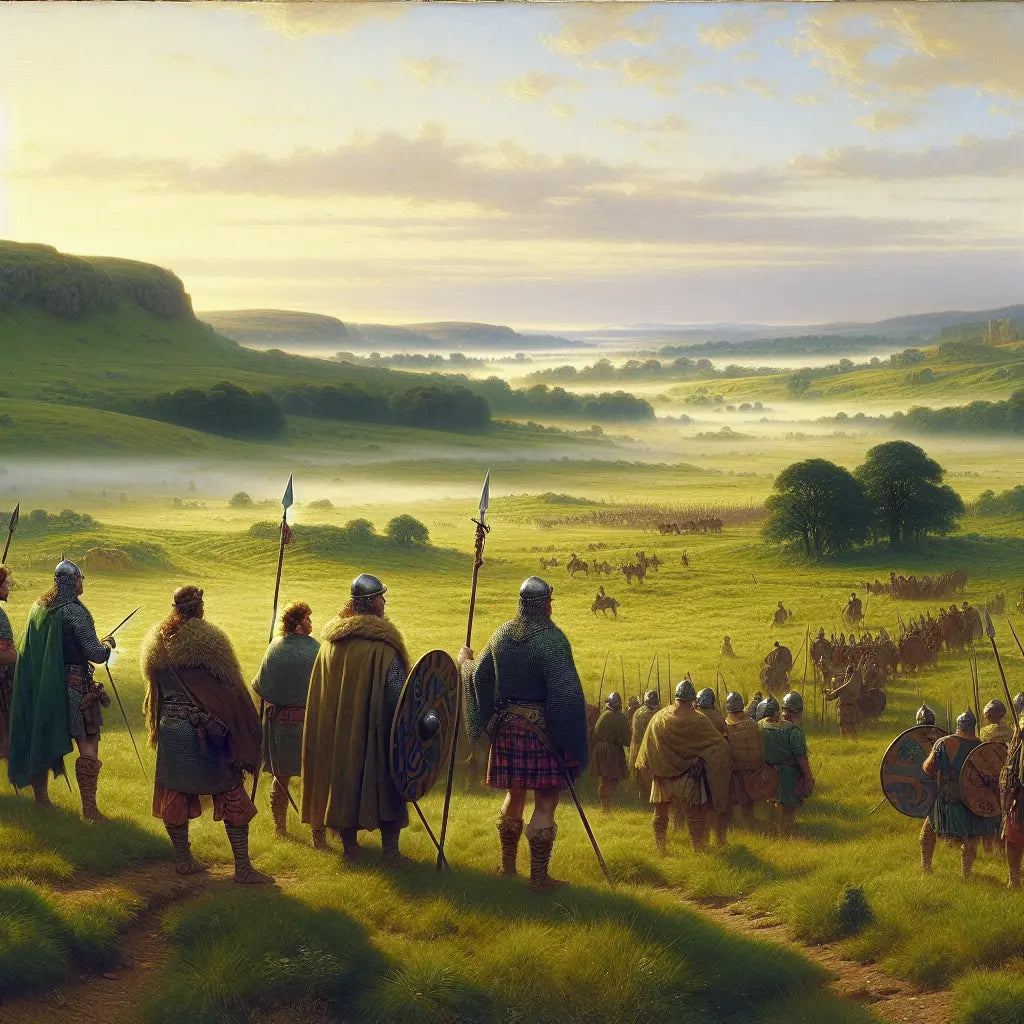 Ancient Gaul warriors in traditional Celtic dress on a misty battlefield in rolling green hills at dawn, rendered in a cinematic 1960s Roman epic painting style.